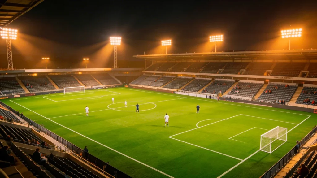 Estádio de futebol iluminado à noite com campo verde visto das bancadas