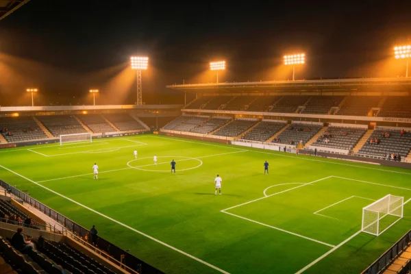 Estádio de futebol iluminado à noite com campo verde visto das bancadas