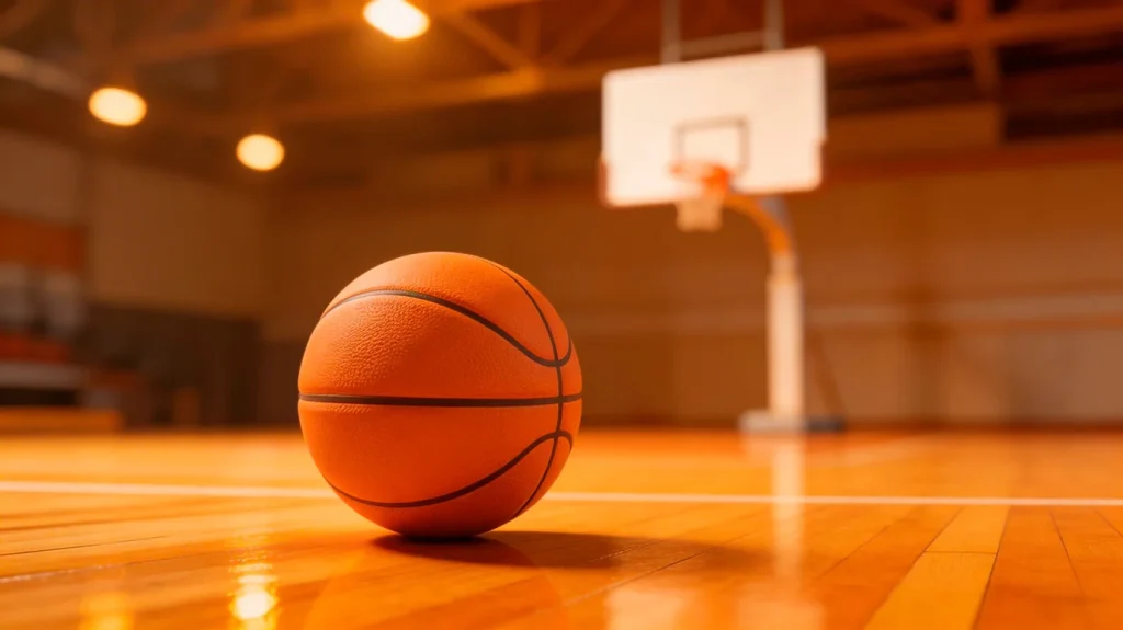 Bola de basquetebol sobre pavimento de campo coberto com tabela ao fundo