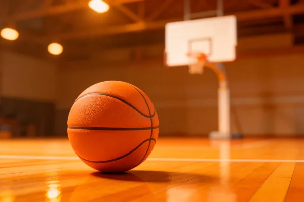 Bola de basquetebol sobre pavimento de campo coberto com tabela ao fundo
