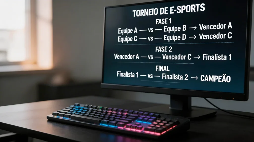 Computador gaming com teclado iluminado e ecrã a mostrar competição de eSports