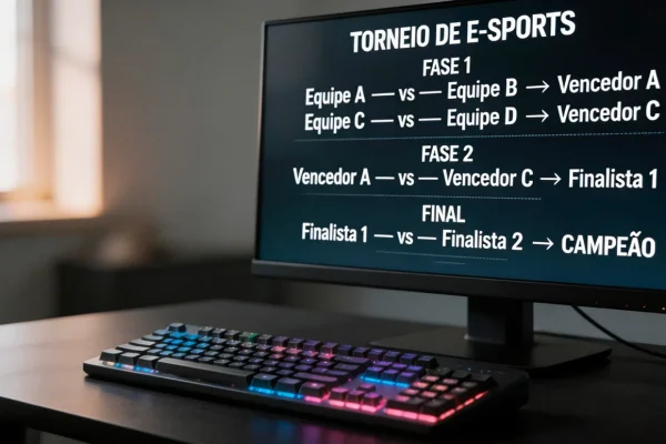 Computador gaming com teclado iluminado e ecrã a mostrar competição de eSports