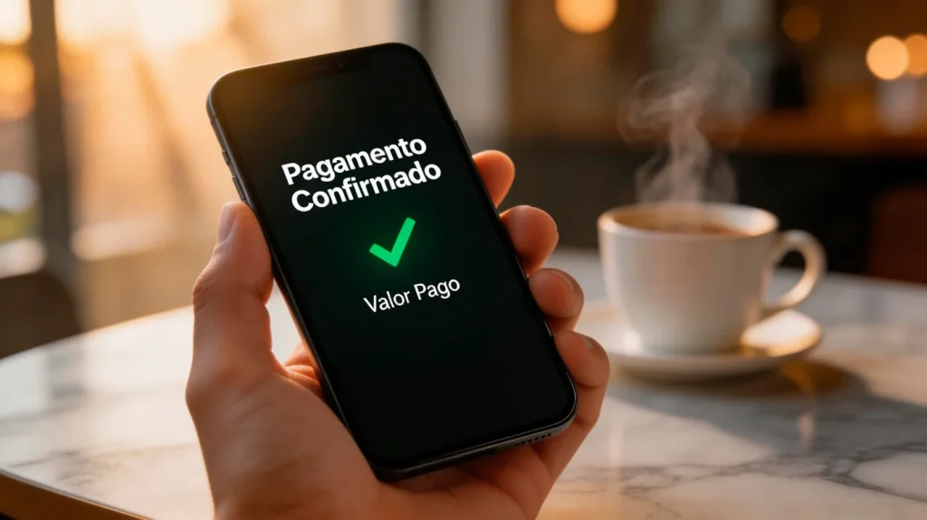 Mão a segurar telemóvel com notificação de pagamento MB Way num café