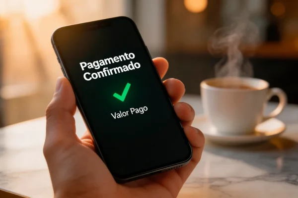 Mão a segurar telemóvel com notificação de pagamento MB Way num café