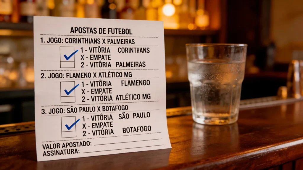 Boletim de apostas em papel com várias seleções de jogos de futebol assinaladas a caneta