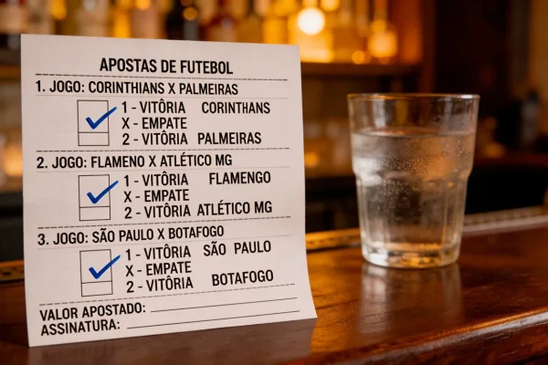 Boletim de apostas em papel com várias seleções de jogos de futebol assinaladas a caneta