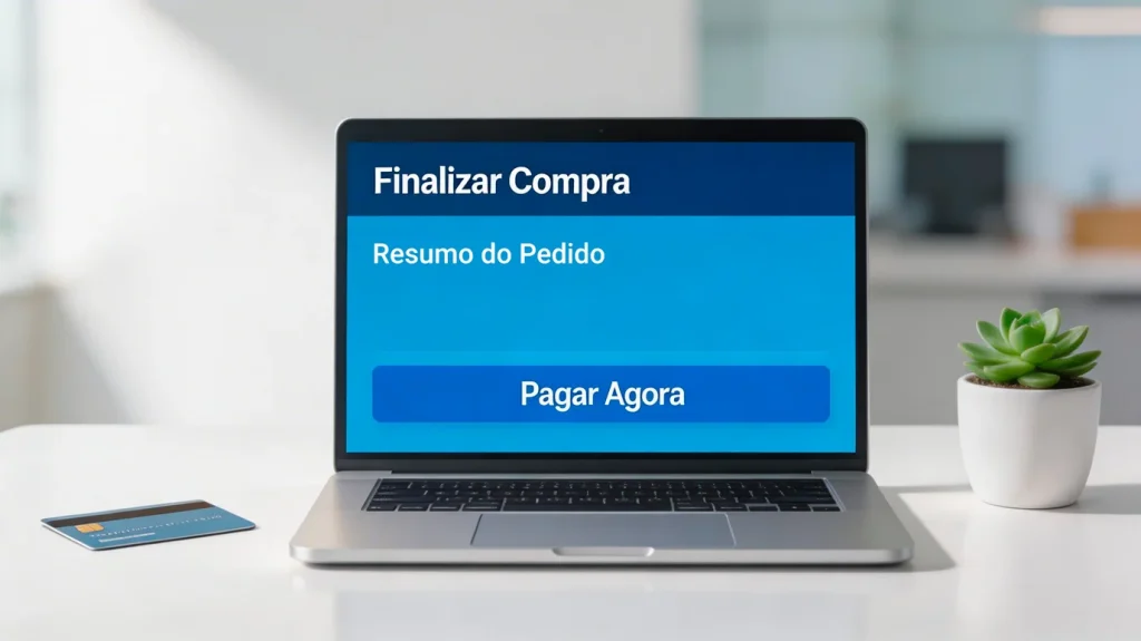 Portátil aberto com ecrã de pagamento PayPal junto a um cartão bancário