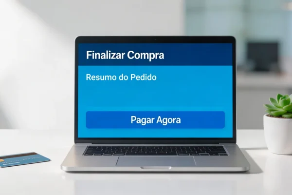 Portátil aberto com ecrã de pagamento PayPal junto a um cartão bancário
