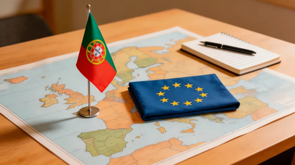Mapa da Europa sobre uma secretária com bandeiras de Portugal e da União Europeia ao lado