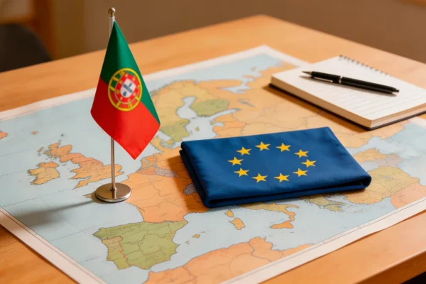 Mapa da Europa sobre uma secretária com bandeiras de Portugal e da União Europeia ao lado