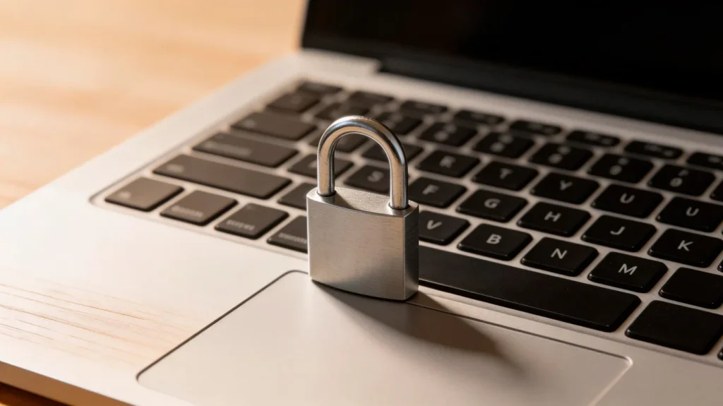 Cadeado metálico fechado sobre teclado de computador portátil