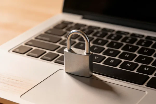 Cadeado metálico fechado sobre teclado de computador portátil