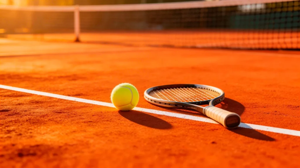 Court de ténis em terra batida com raquete e bola junto à rede