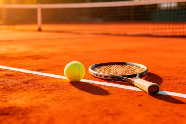 Court de ténis em terra batida com raquete e bola junto à rede