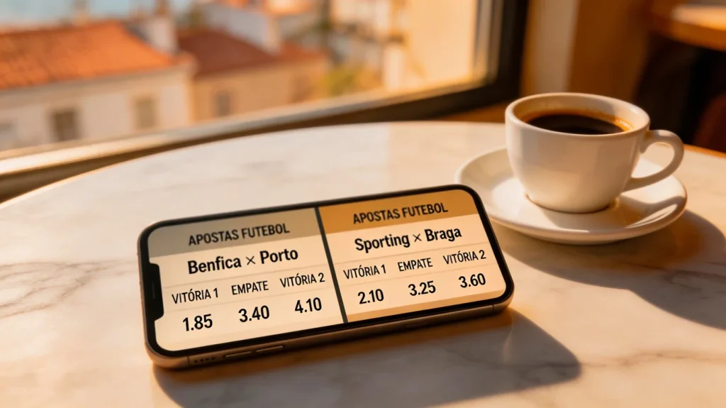 Telemóvel com duas aplicações de apostas desportivas abertas lado a lado numa mesa de café em Lisboa