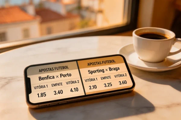 Telemóvel com duas aplicações de apostas desportivas abertas lado a lado numa mesa de café em Lisboa
