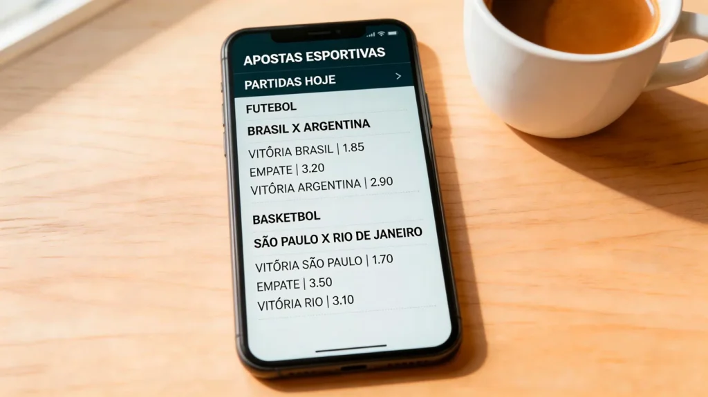 Smartphone com aplicação de apostas desportivas aberta sobre mesa de escritório