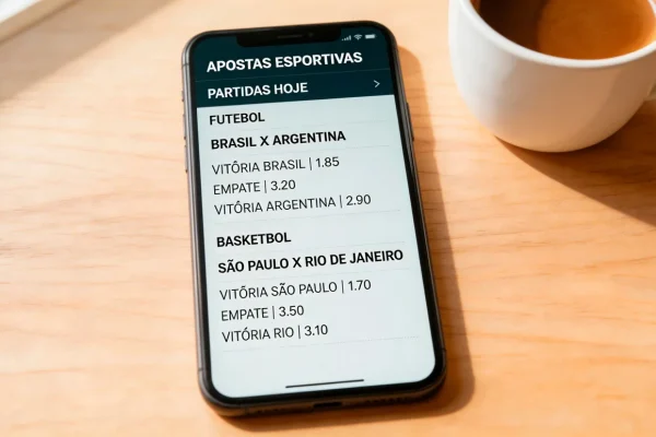 Smartphone com aplicação de apostas desportivas aberta sobre mesa de escritório