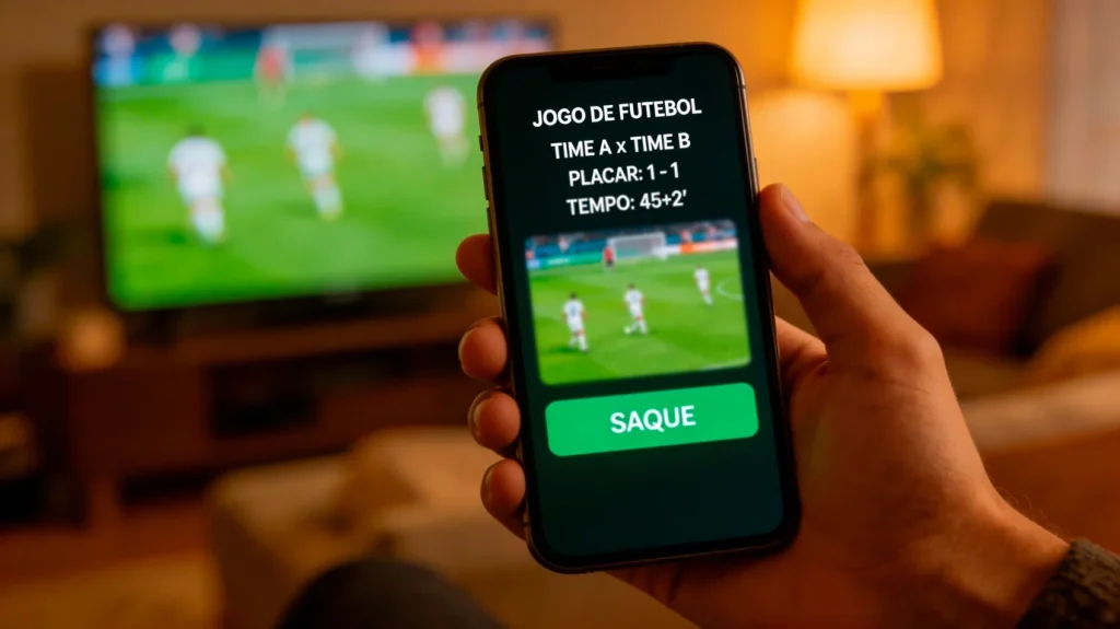 Mão a tocar no ecrã de um telemóvel com uma aposta desportiva ao vivo durante um jogo de futebol