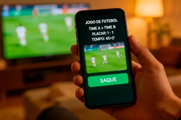 Mão a tocar no ecrã de um telemóvel com uma aposta desportiva ao vivo durante um jogo de futebol