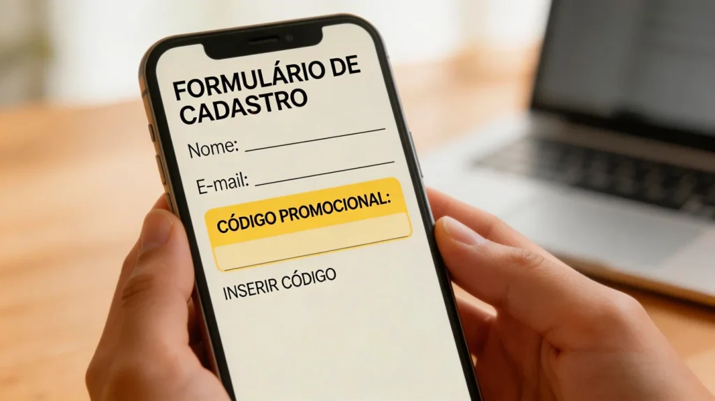 Mão a digitar código num telemóvel com ecrã de registo de apostas