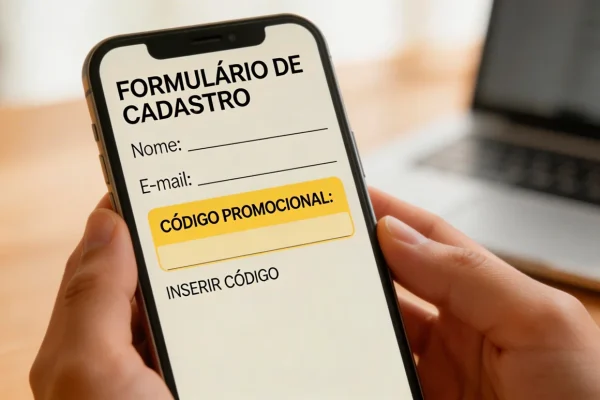 Mão a digitar código num telemóvel com ecrã de registo de apostas