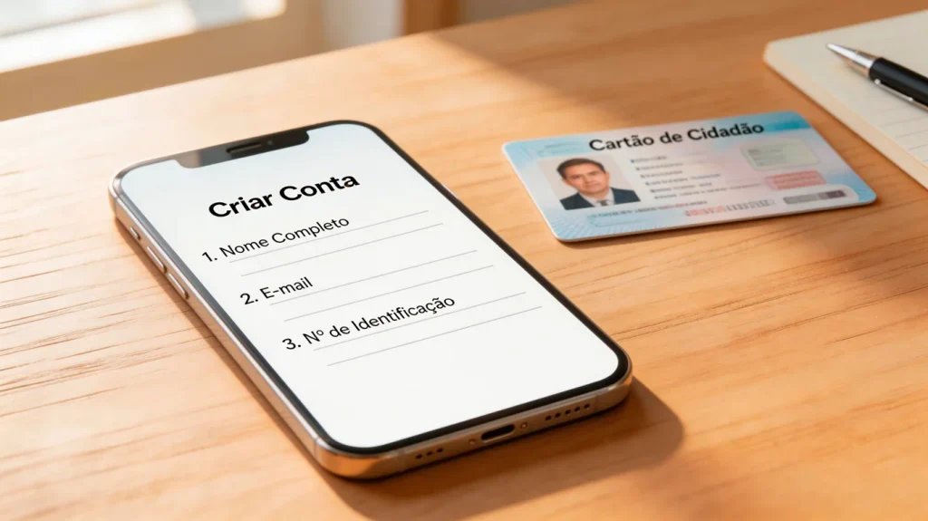 Telemóvel com ecrã de registo numa plataforma de apostas desportivas sobre uma secretária