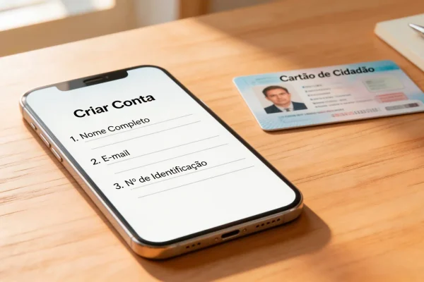Telemóvel com ecrã de registo numa plataforma de apostas desportivas sobre uma secretária