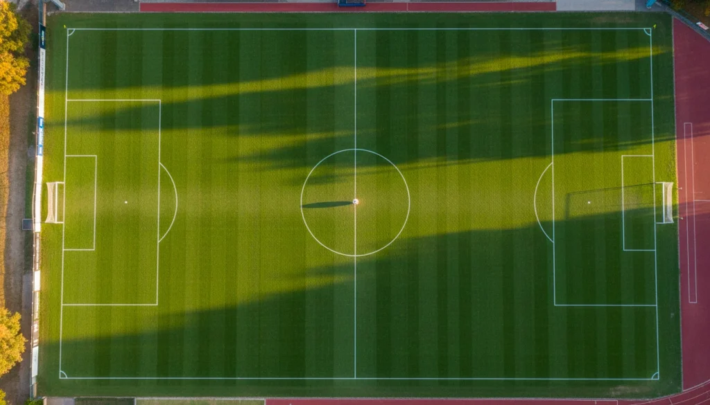 Campo de futebol relvado visto de cima com linhas brancas e bola ao centro