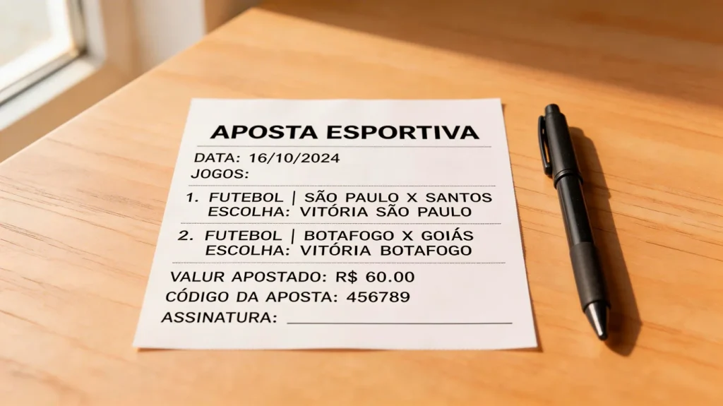 Bilhete de aposta desportiva sobre mesa com caneta ao lado