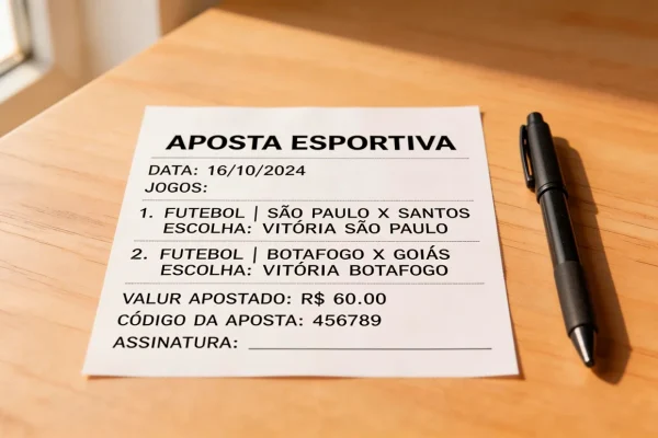 Bilhete de aposta desportiva sobre mesa com caneta ao lado