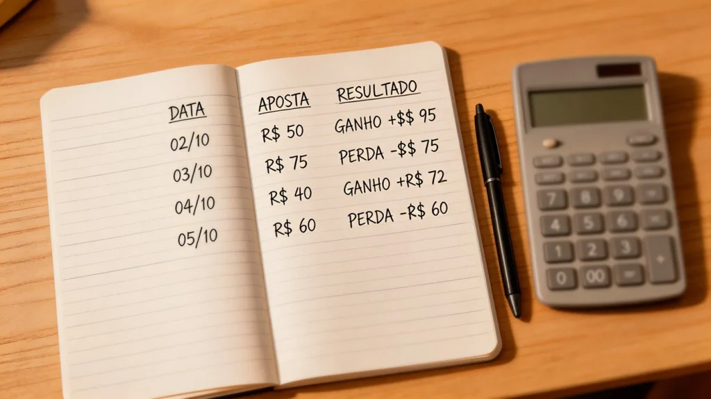 Caderno aberto com anotações de apostas e uma calculadora sobre uma secretária de madeira