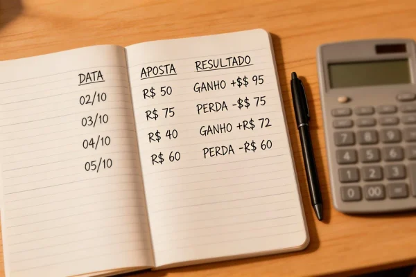 Caderno aberto com anotações de apostas e uma calculadora sobre uma secretária de madeira