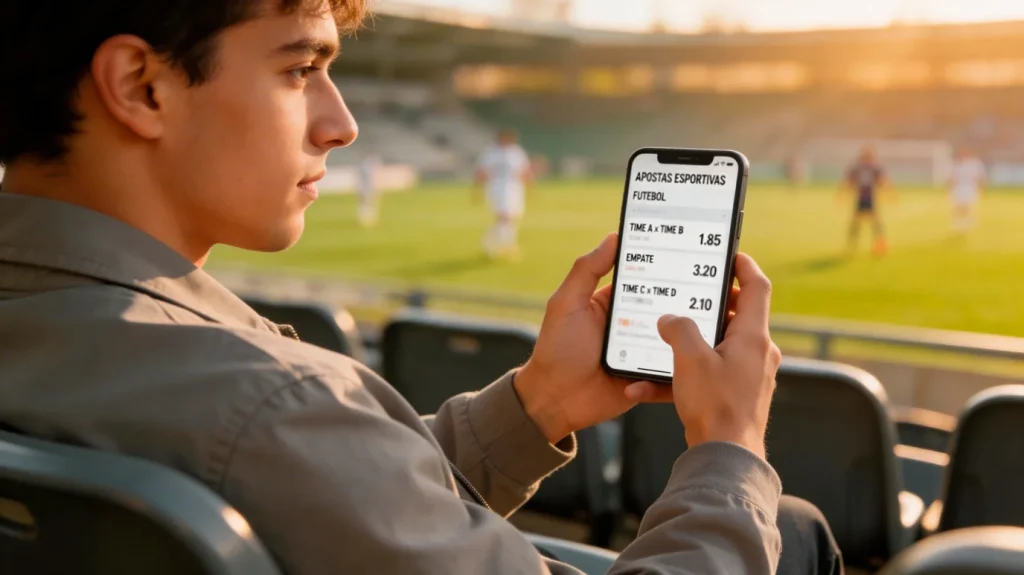 Pessoa jovem a consultar cotações de apostas desportivas num telemóvel durante um jogo de futebol no estádio