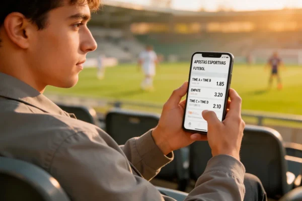 Pessoa jovem a consultar cotações de apostas desportivas num telemóvel durante um jogo de futebol no estádio