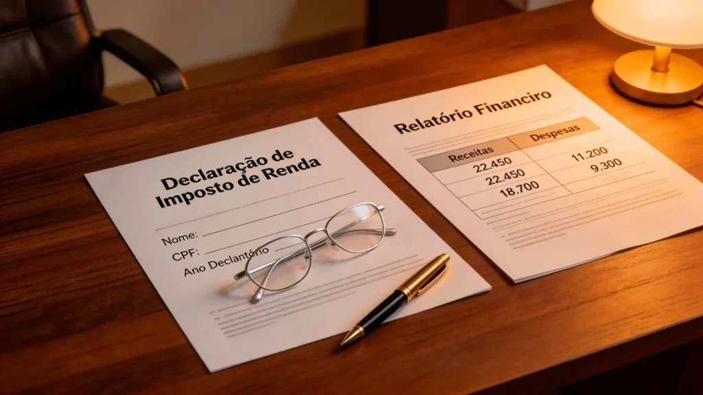 Documentos fiscais e formulário de imposto sobre uma secretária de escritório