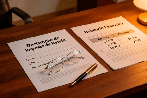 Documentos fiscais e formulário de imposto sobre uma secretária de escritório