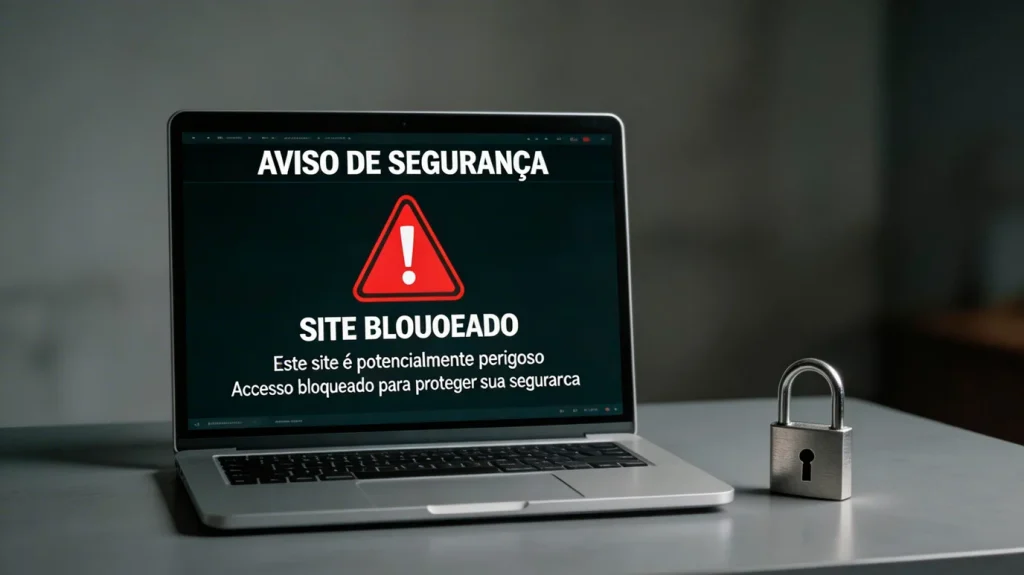 Ecrã de portátil com símbolo de aviso vermelho sobre site de apostas bloqueado