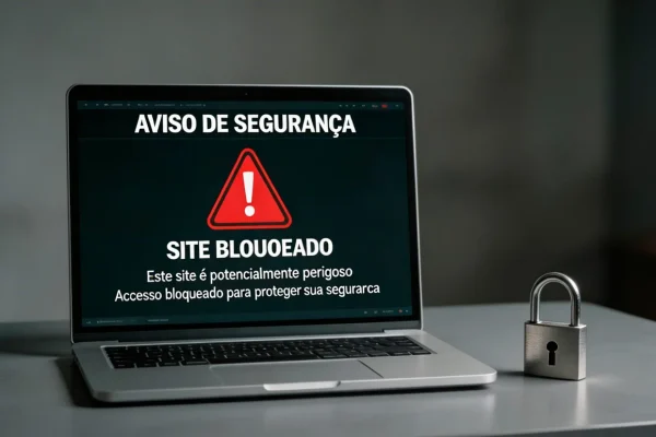 Ecrã de portátil com símbolo de aviso vermelho sobre site de apostas bloqueado
