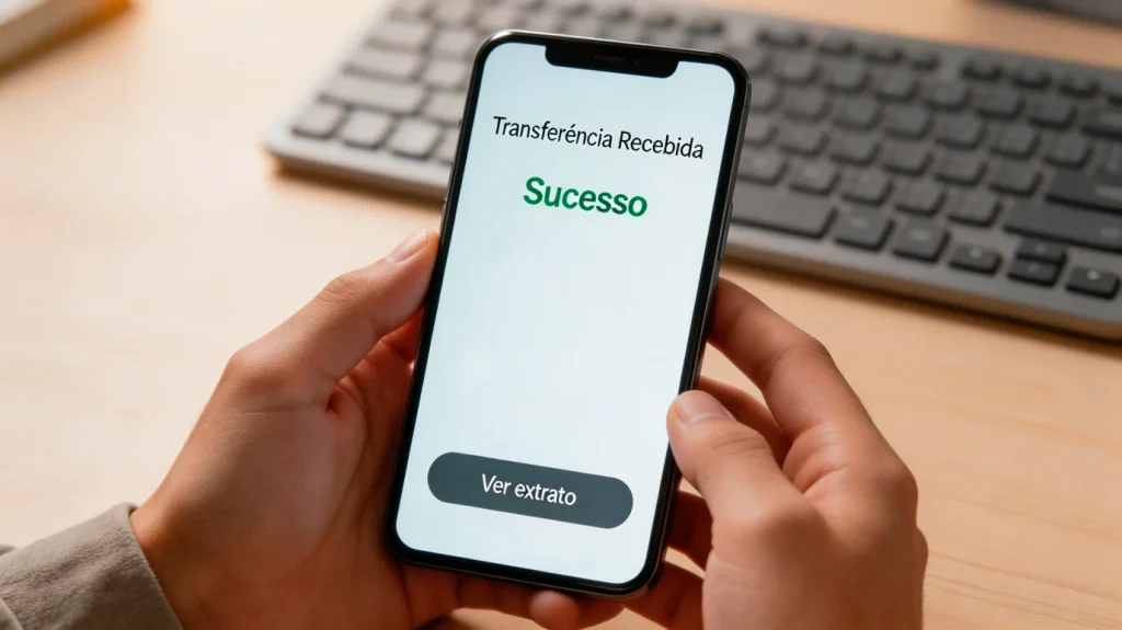 Pessoa a consultar extrato bancário no telemóvel após levantamento de apostas
