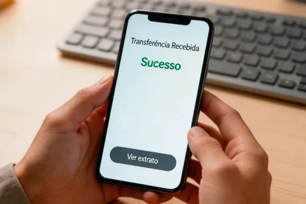 Pessoa a consultar extrato bancário no telemóvel após levantamento de apostas