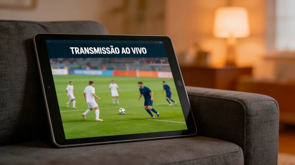 Tablet a transmitir jogo de futebol em direto sobre sofá