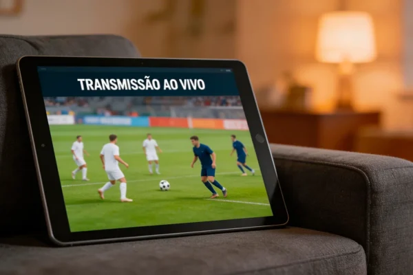 Tablet a transmitir jogo de futebol em direto sobre sofá