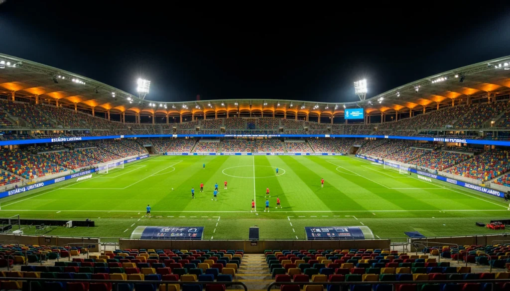 Estádio de futebol português iluminado à noite com relvado verde