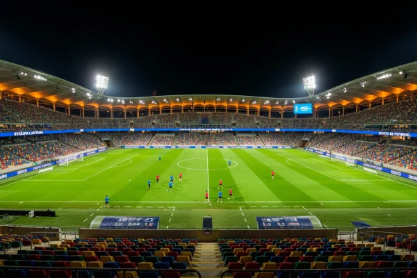 Estádio de futebol português iluminado à noite com relvado verde
