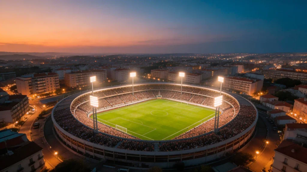 Vista aérea de um estádio de futebol português ao anoitecer com as bancadas iluminadas