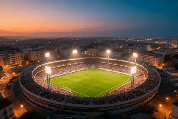 Vista aérea de um estádio de futebol português ao anoitecer com as bancadas iluminadas