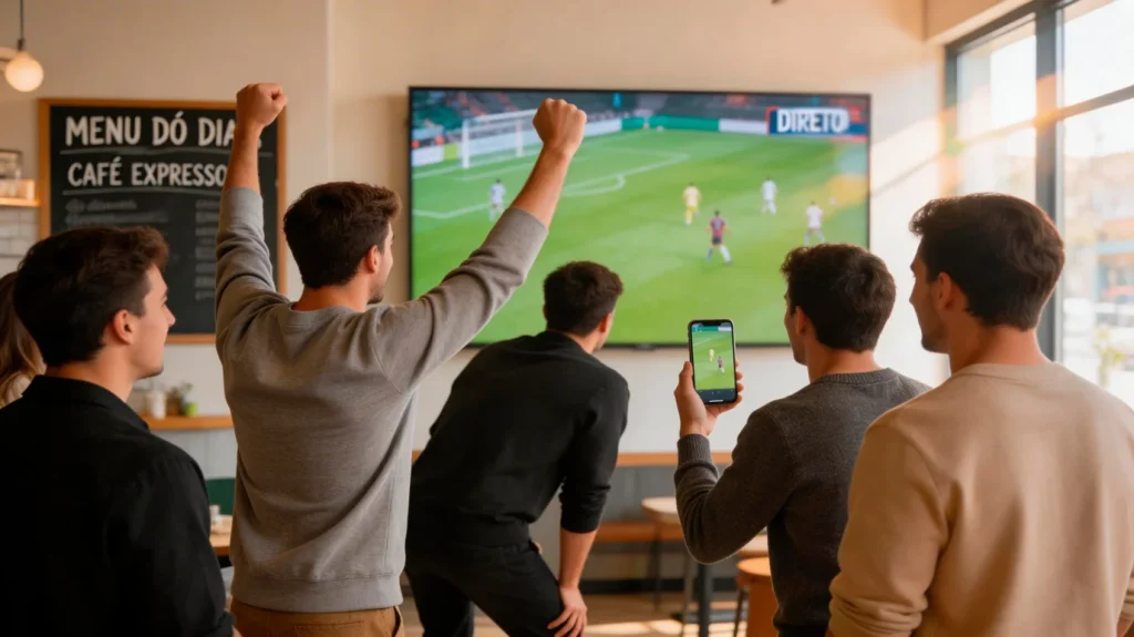 Grupo de jovens adultos a assistir a um jogo de futebol num café com televisão ao fundo