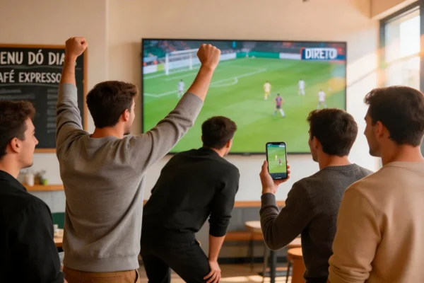 Grupo de jovens adultos a assistir a um jogo de futebol num café com televisão ao fundo