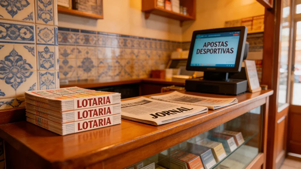 Quiosque de tabacaria português com terminal de apostas Placard visível no balcão